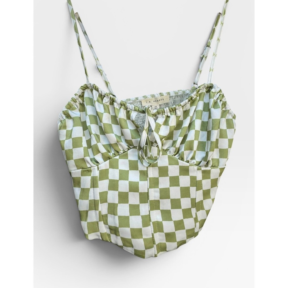 NWT L.A. Hearts XS Green Checkered Corset Crop Top Smocked Back Cami PacSun